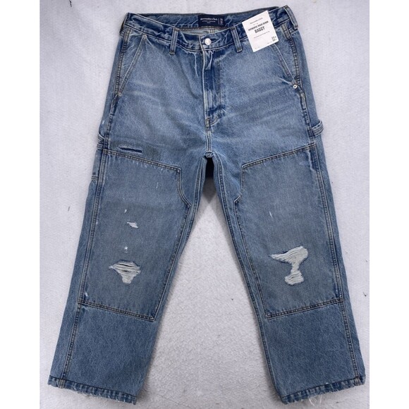 NWT Abercrombie & Fitch Authentic Rigid Denim Baggy Carpenter 33x32 Distressed - Picture 1 of 16